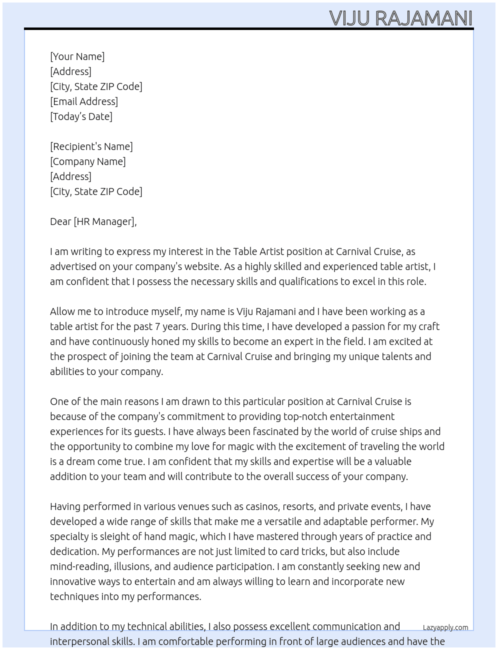 Table artist At Carnival cruise  Cover Letter