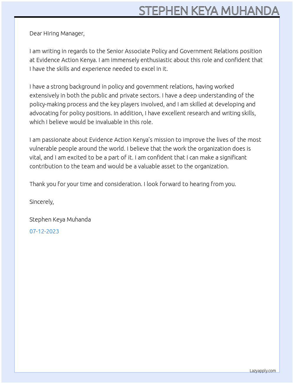 senior associate policy and government relations At Evidence Action Kenya Cover Letter