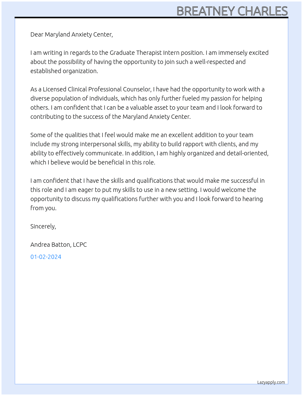 Graduate Therapist Intern At Maryland Anxiety Cetner Cover Letter