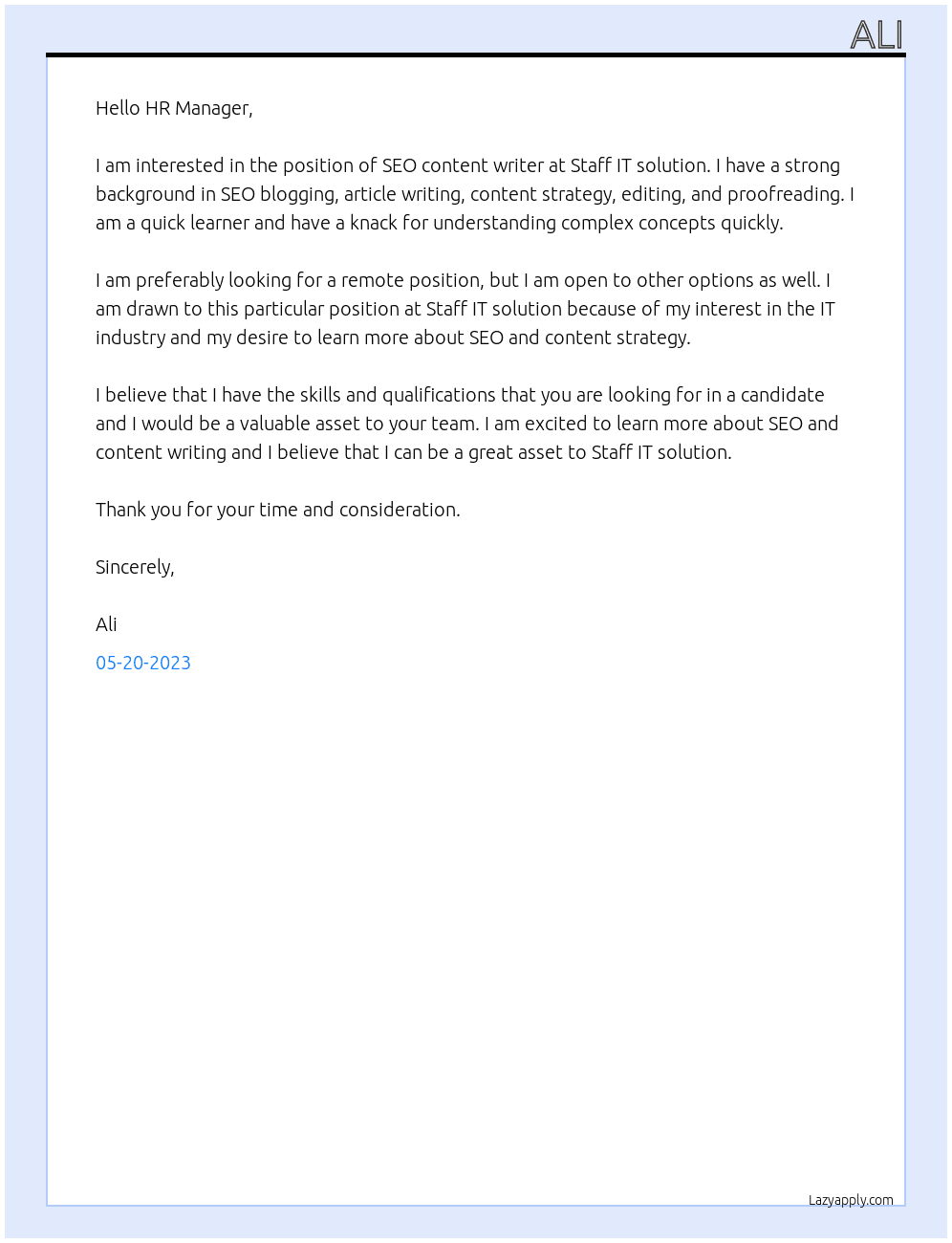SEO content writer  At Staff IT solution Cover Letter