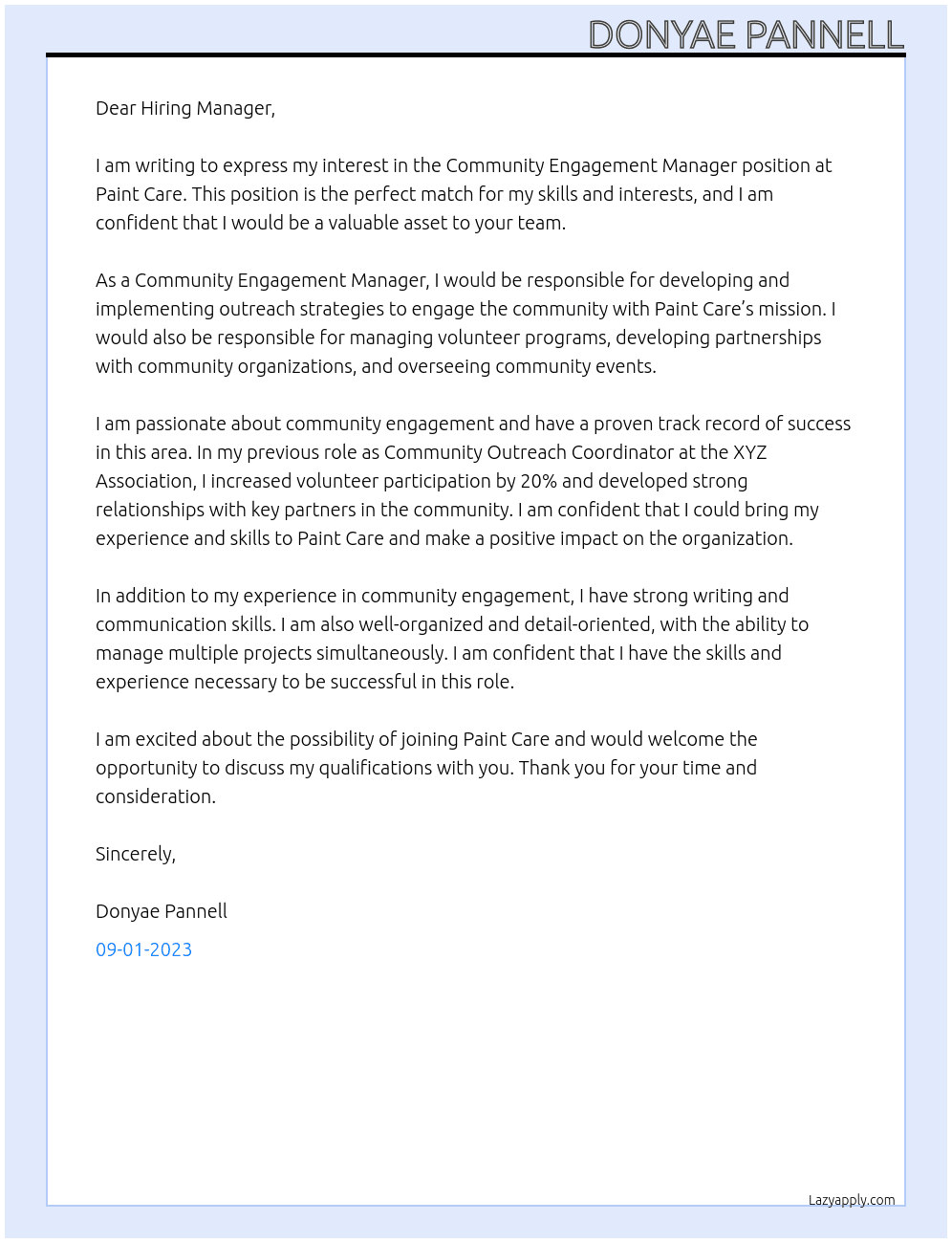 Community Engagement Manager At American Coatings Association @ Paint Care Cover Letter