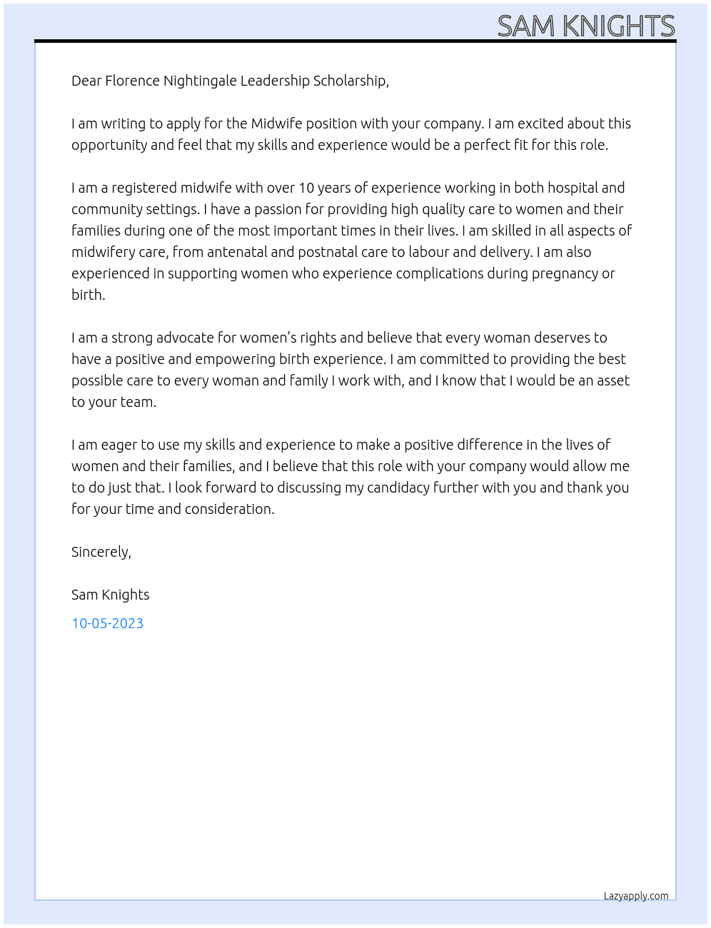 Midwife At Florence Nightingale Leadership Scholarship Cover Letter