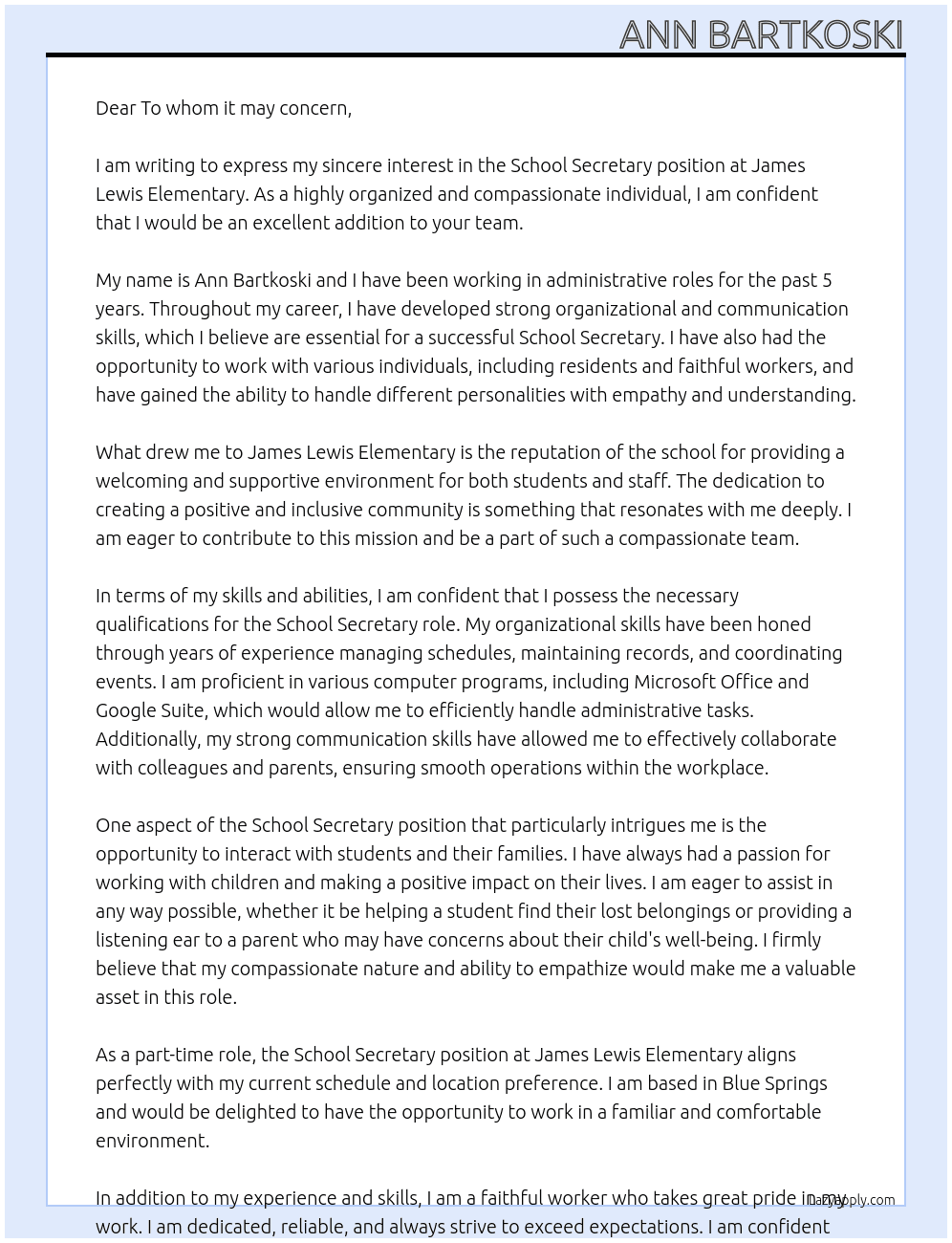 School secretary At James Lewis Elementary  Cover Letter