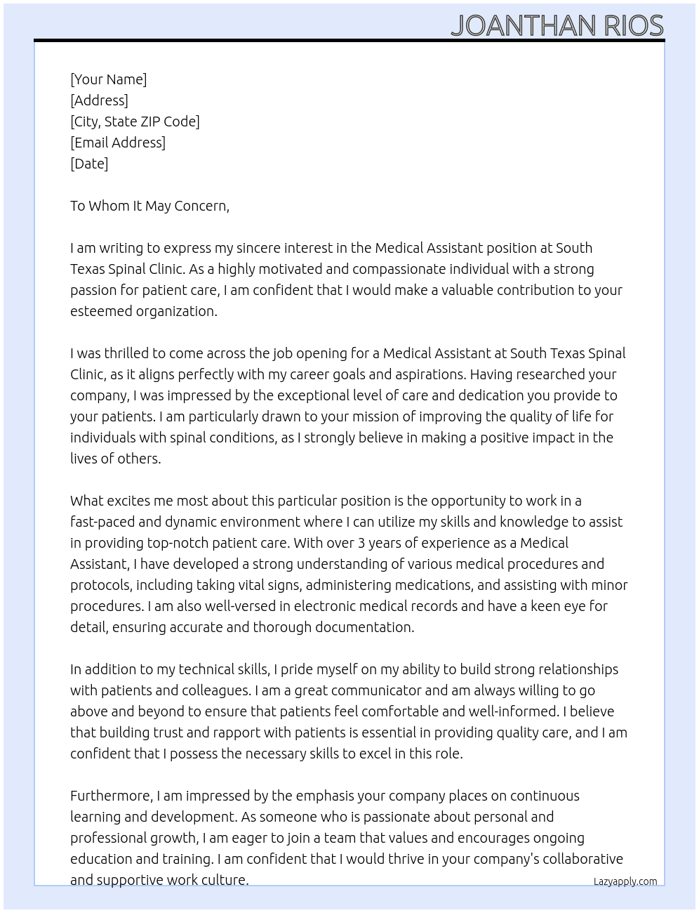 Medical assistant At South Texas Spinal Clinic Cover Letter