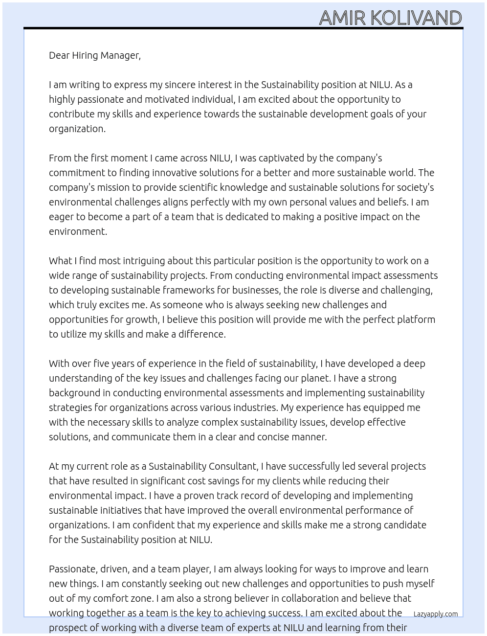 Sustainability At NILU Cover Letter
