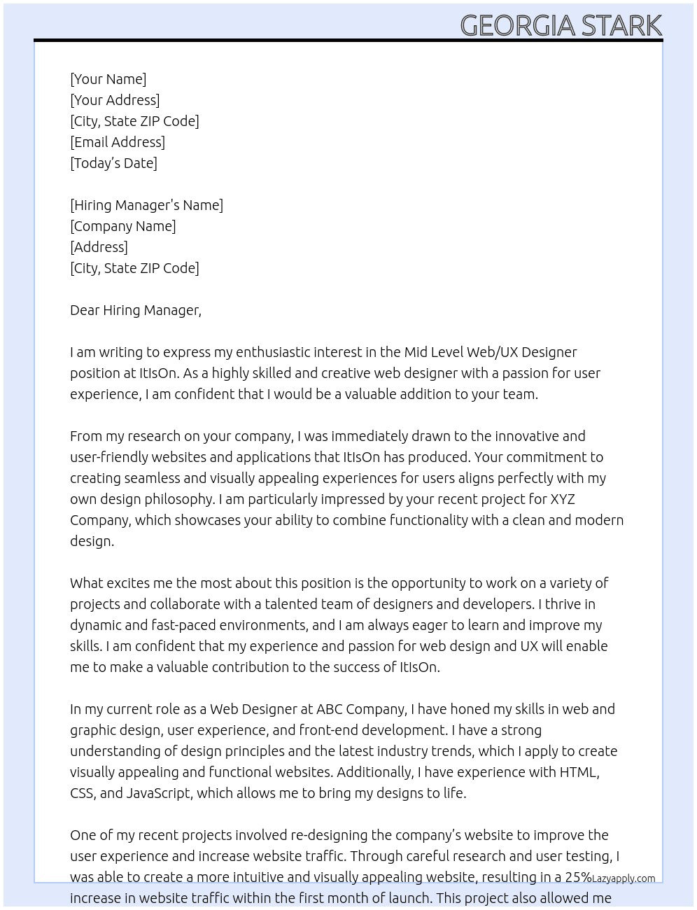 Mid Level Web/UX Designer At ItIsOn Cover Letter