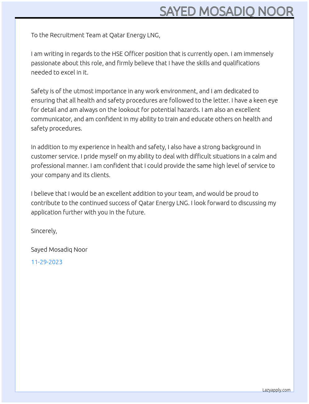HSE Officer At Qatar Energy LNG Cover Letter