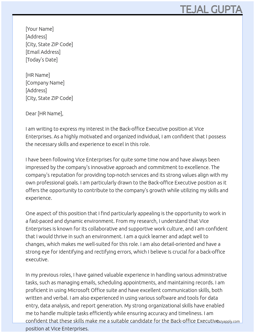 Back-office Executive At Vice Enterprises Cover Letter
