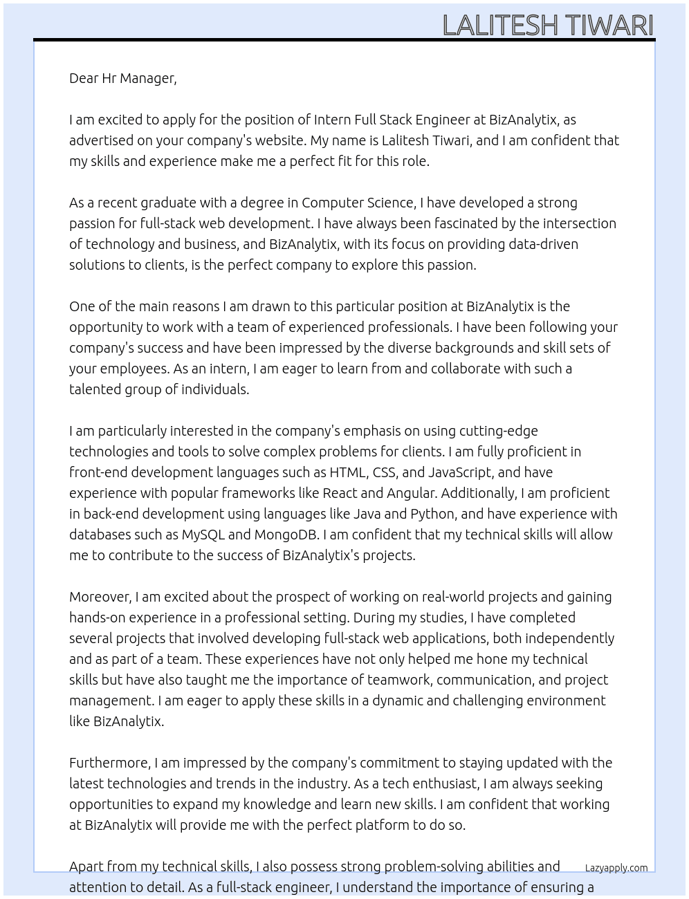 Intern Full Stack Engineer At BizAnalytix Cover Letter