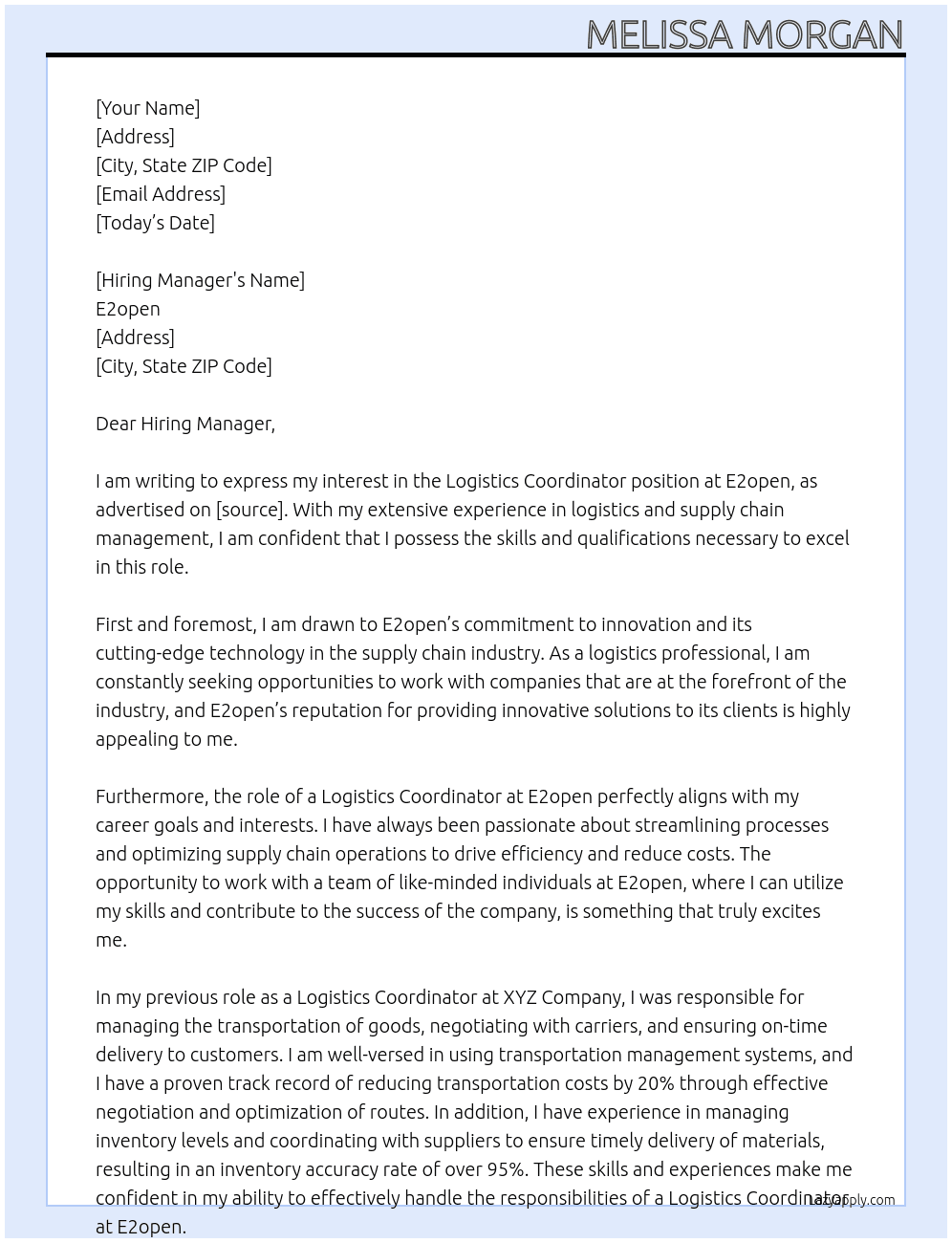Logistics Coordinator  At E2open Cover Letter