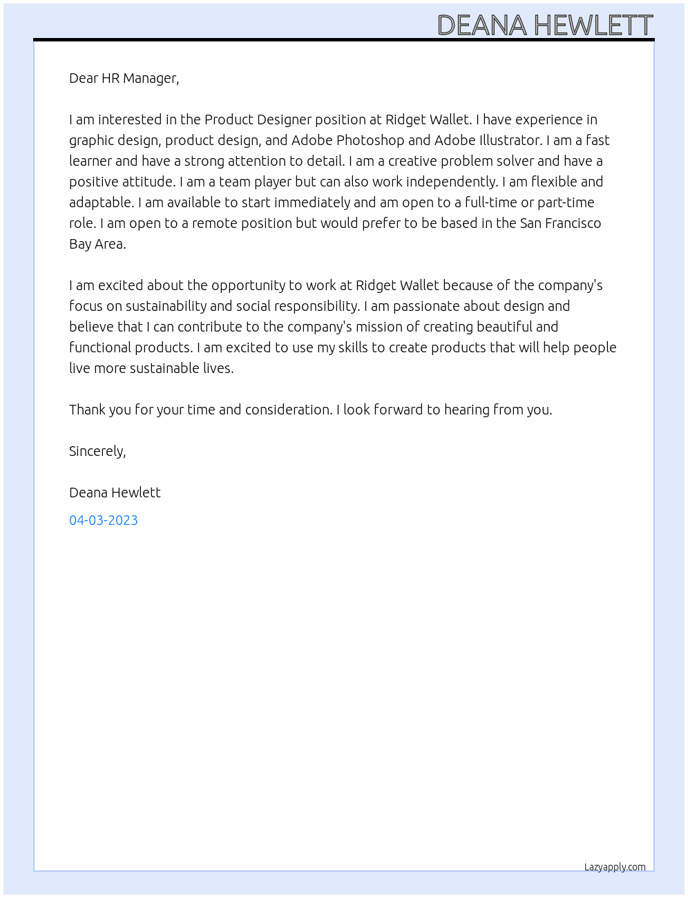 Product Designer At Ridget Wallet Cover Letter