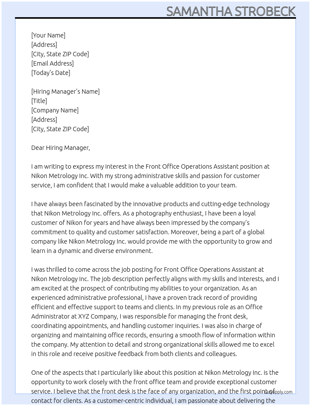 Front office operations assistant At Nikon Metrology Inc Cover Letter