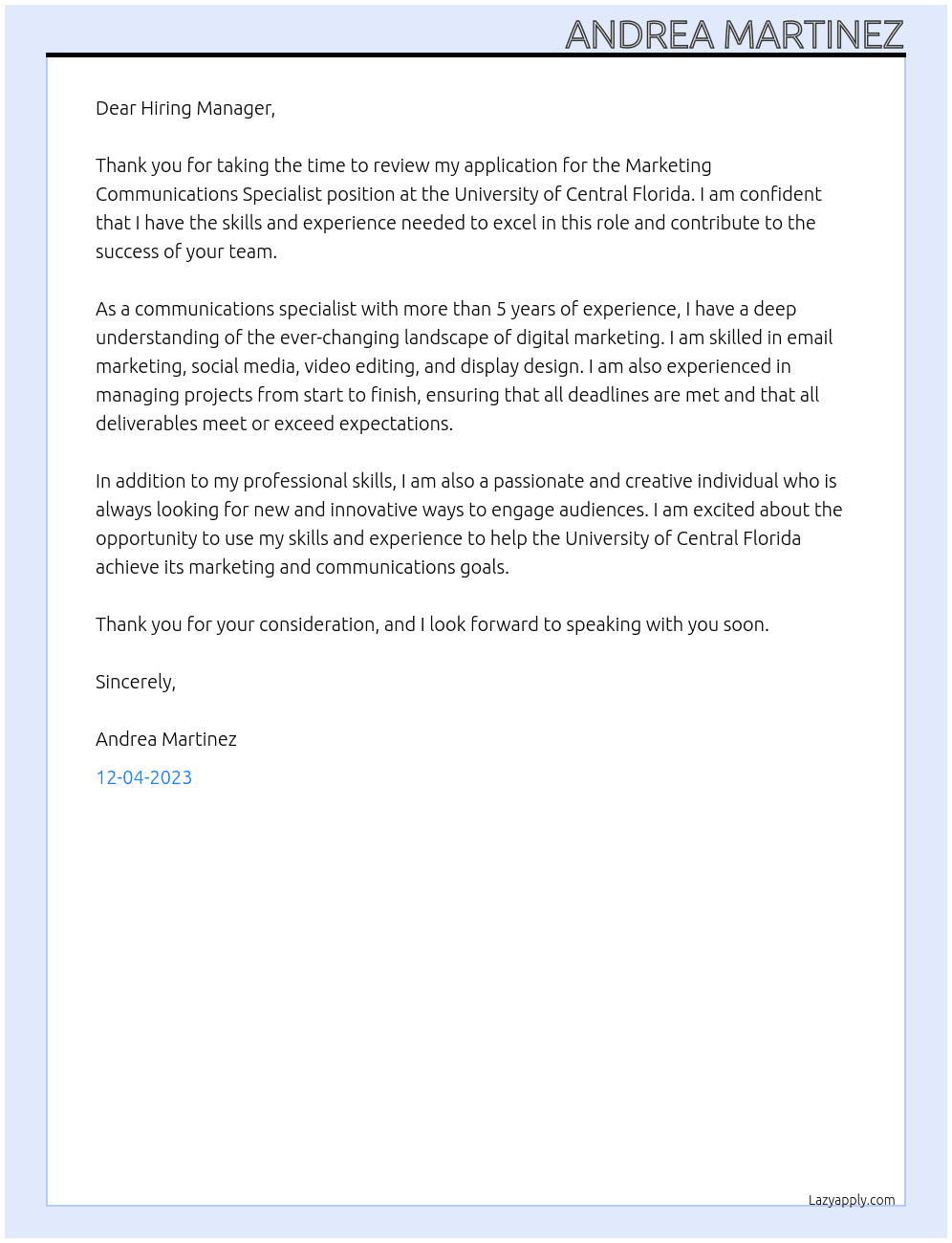 Marketing Communications Specialist At University of Central Florida Cover Letter