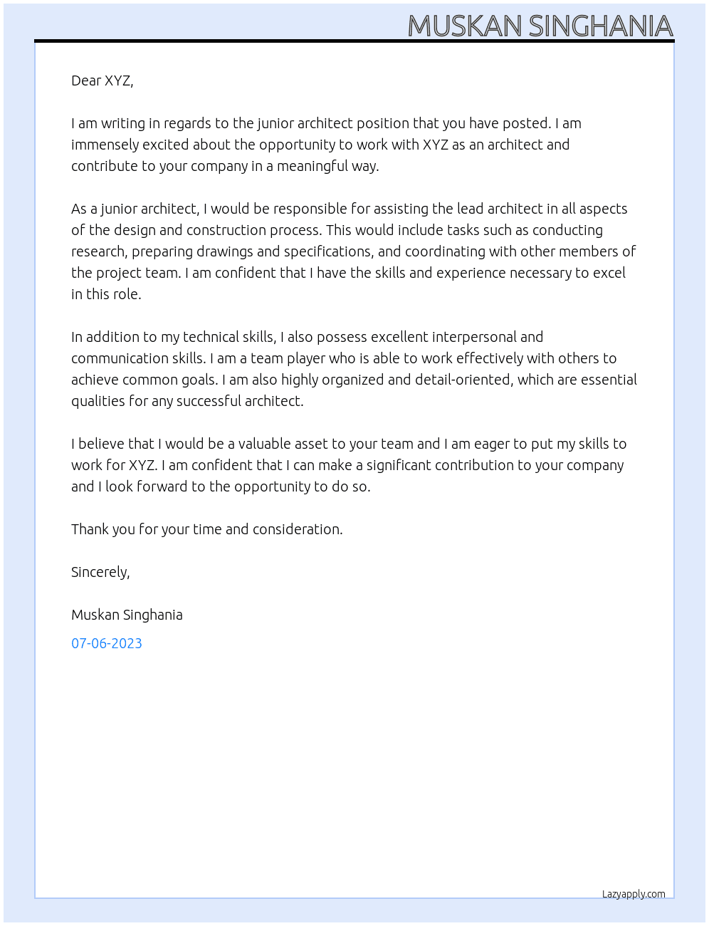 Junior architect At XYZ Cover Letter