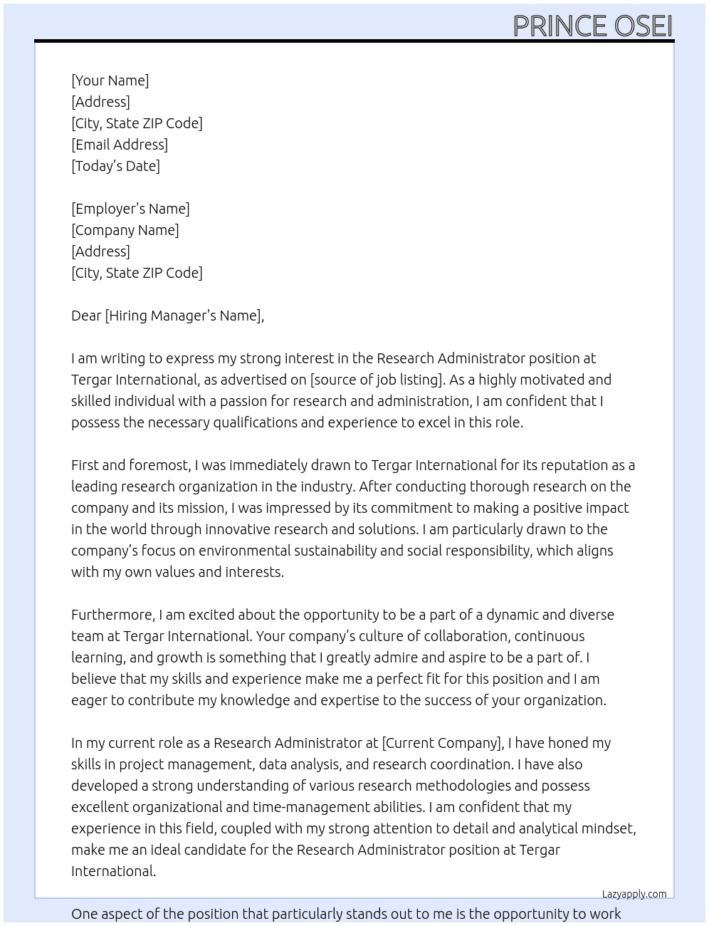Cover letter for research administrator - LazyApply