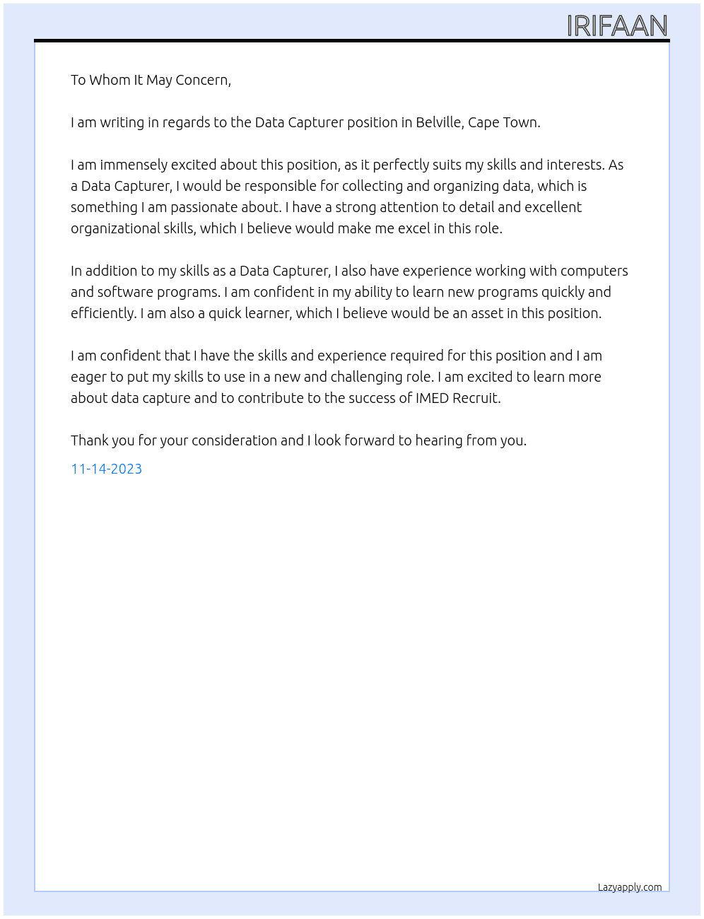 Data Capturer, Belville, Cape Town At IMED Recruit Cover Letter