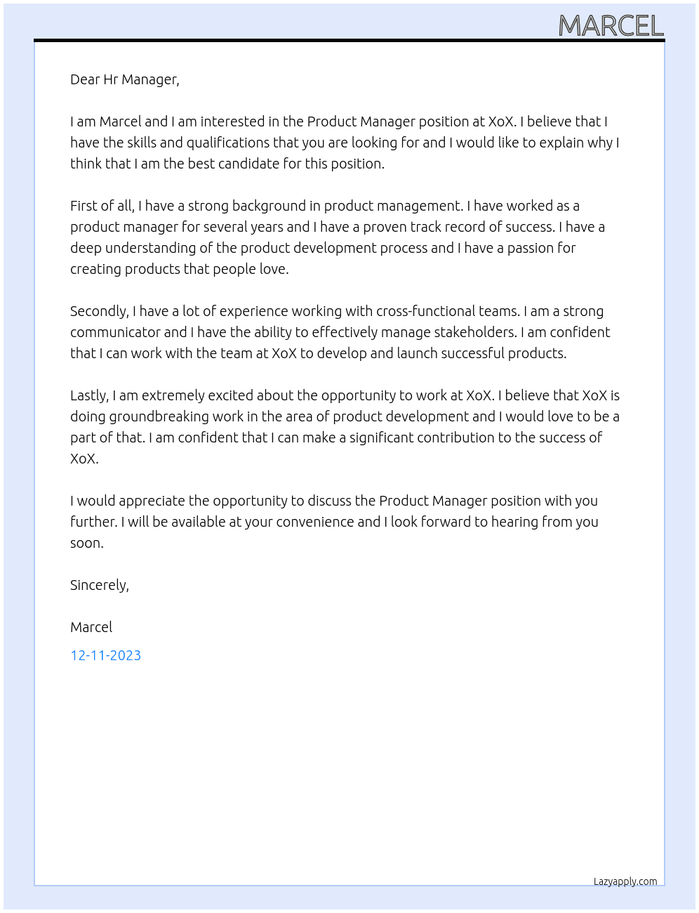 Product Manager  At XoX Cover Letter