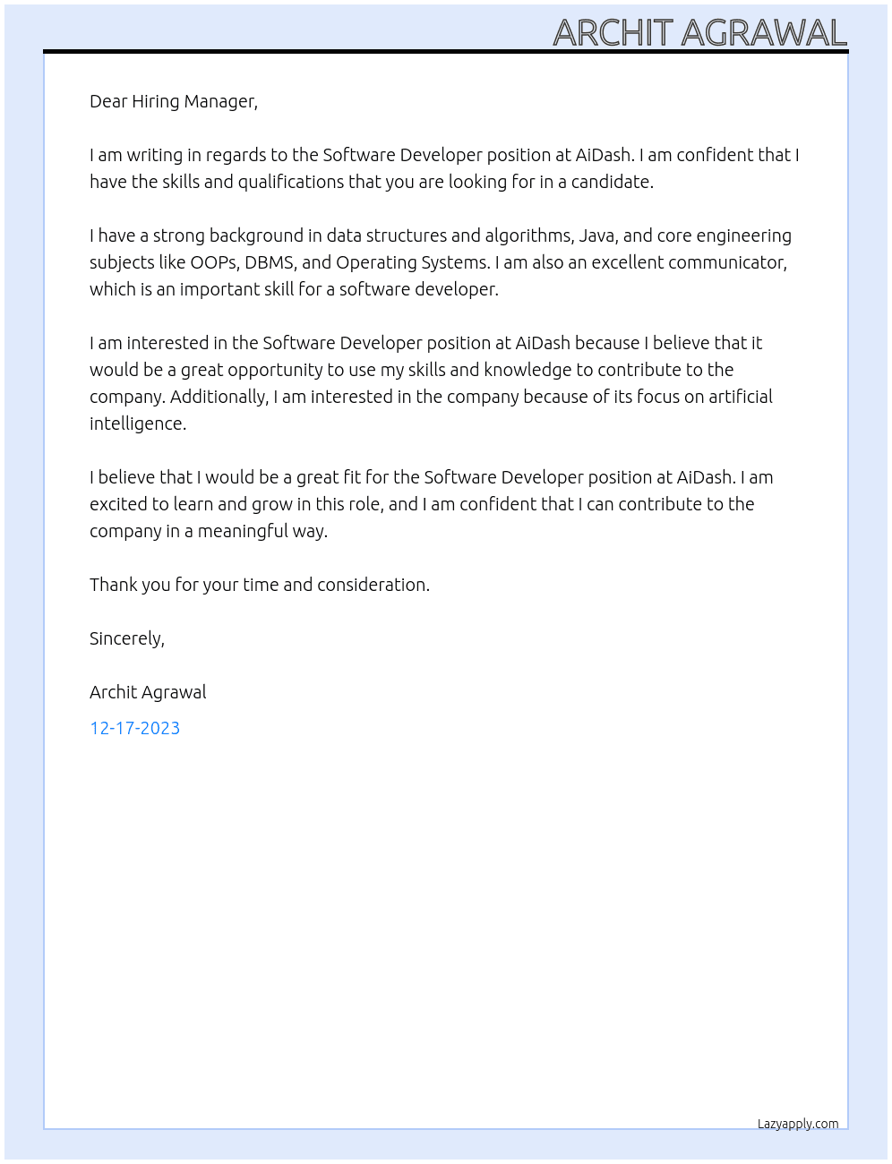 Software Developer At AiDash Cover Letter
