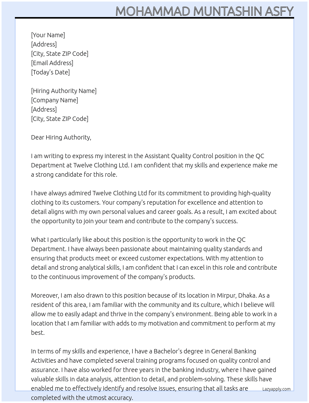 Assistant Quality Control, QC Department At Twelve Clothing Ltd Cover Letter