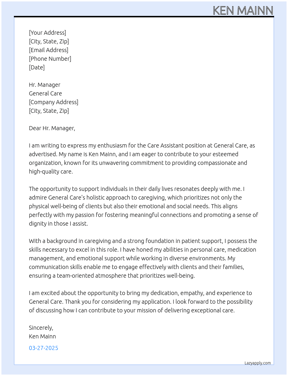 Care Assistant  At General Care Cover Letter