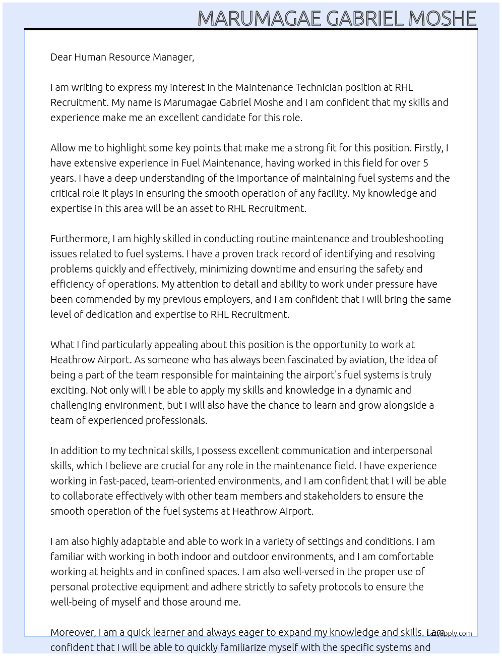 Maintenance Technician At RHL Recruitment  Cover Letter