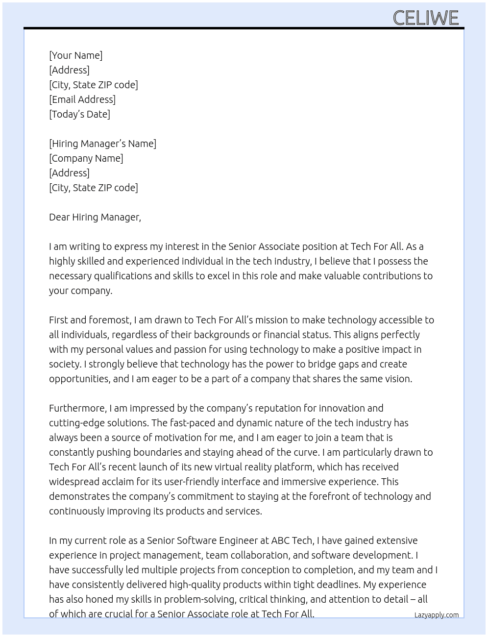Senior Associate  At Tech For All Cover Letter