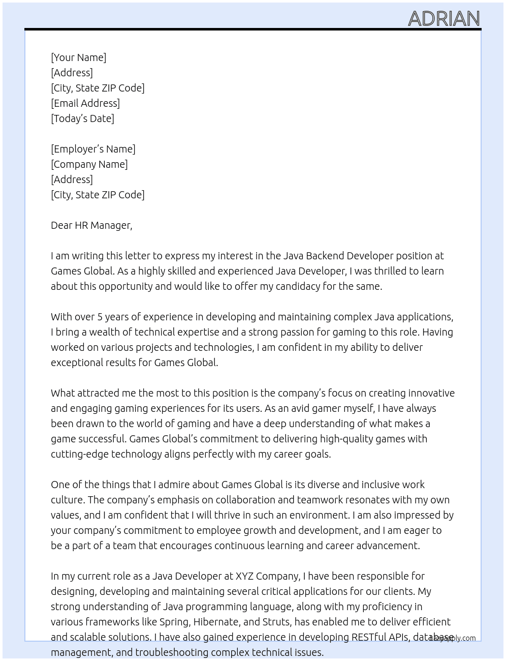 Java Backend Developer At Games Global Cover Letter