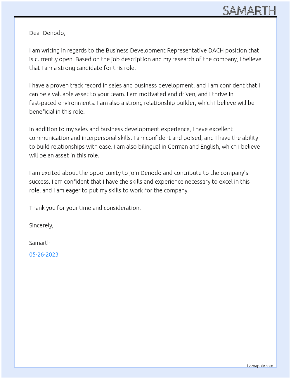 Business Development Representative DACH At Denodo Cover Letter