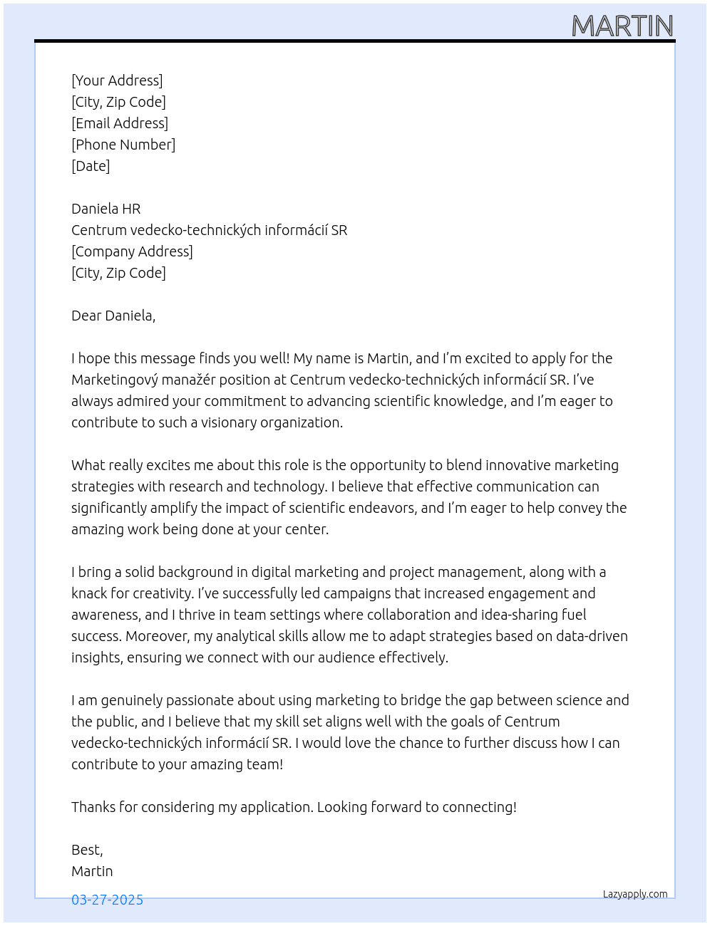 Marketingový manažér At Centrum vedecko-technických informácií SR Cover Letter