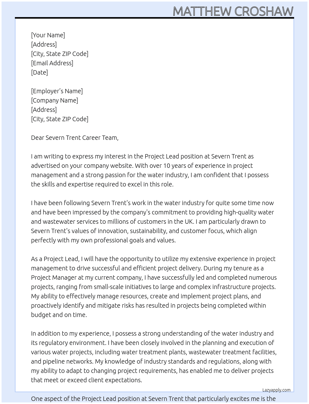 Project Lead At Severn Trent Cover Letter