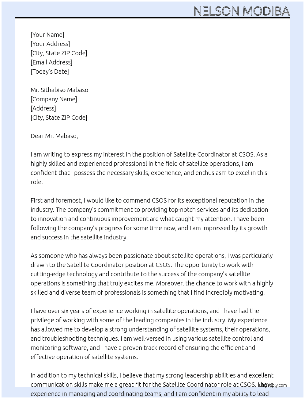 SATELLITE COORDINATOR At CSOS Cover Letter