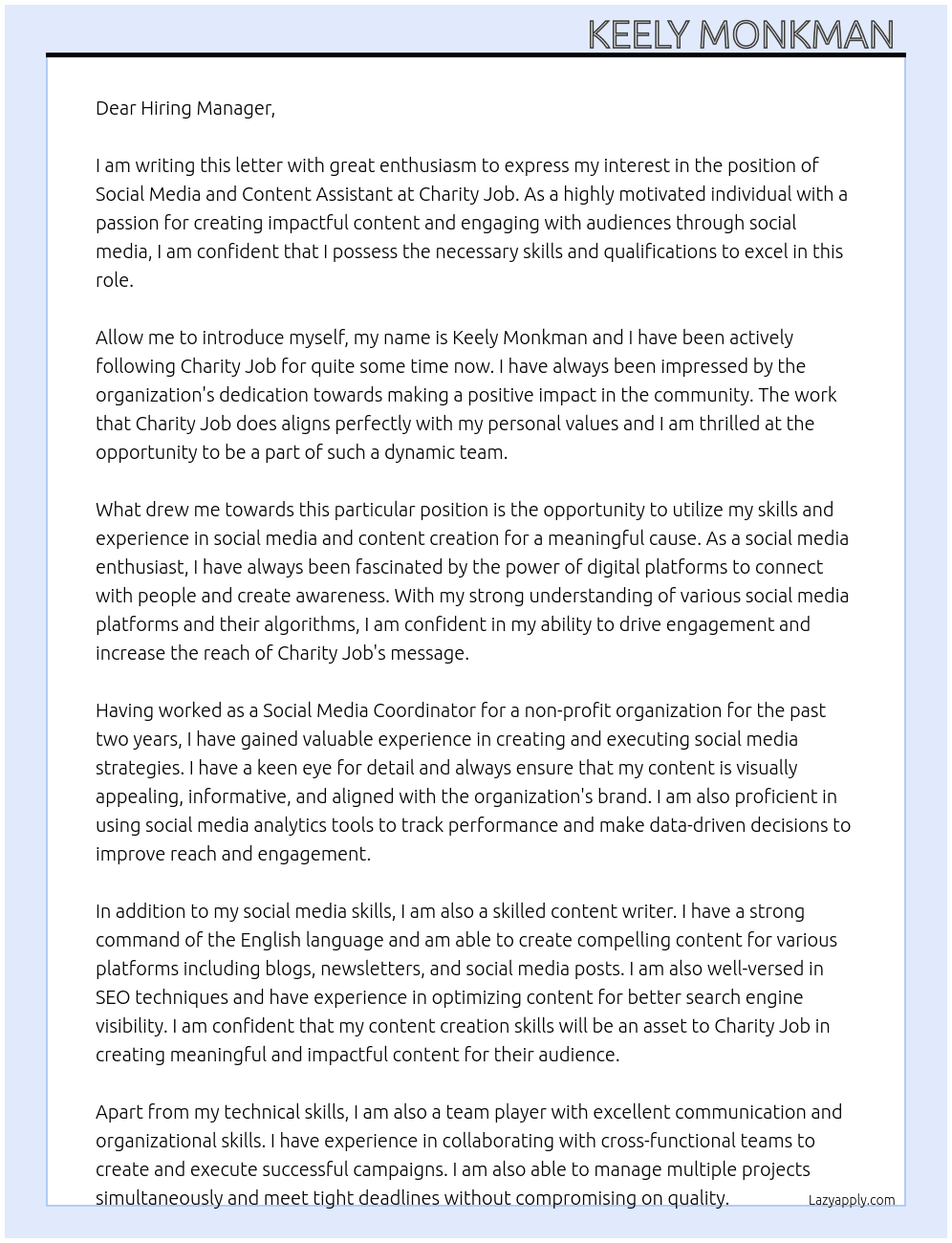 Social Media and Content Assistant At Charity Job  Cover Letter