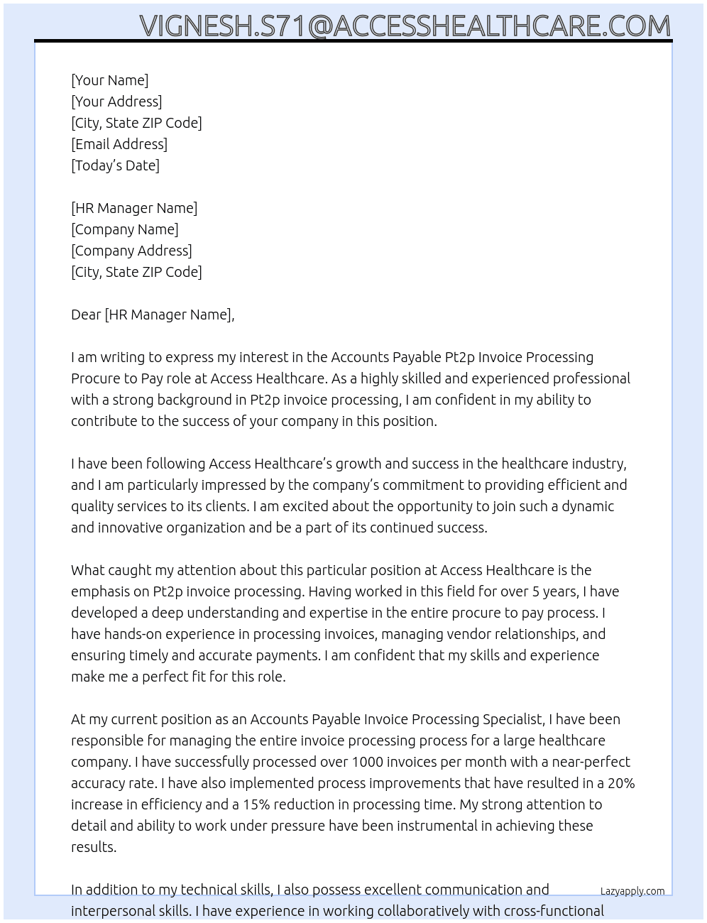Accounts payable  pt2p invoice processing procure to pay At Access healthcare  Cover Letter