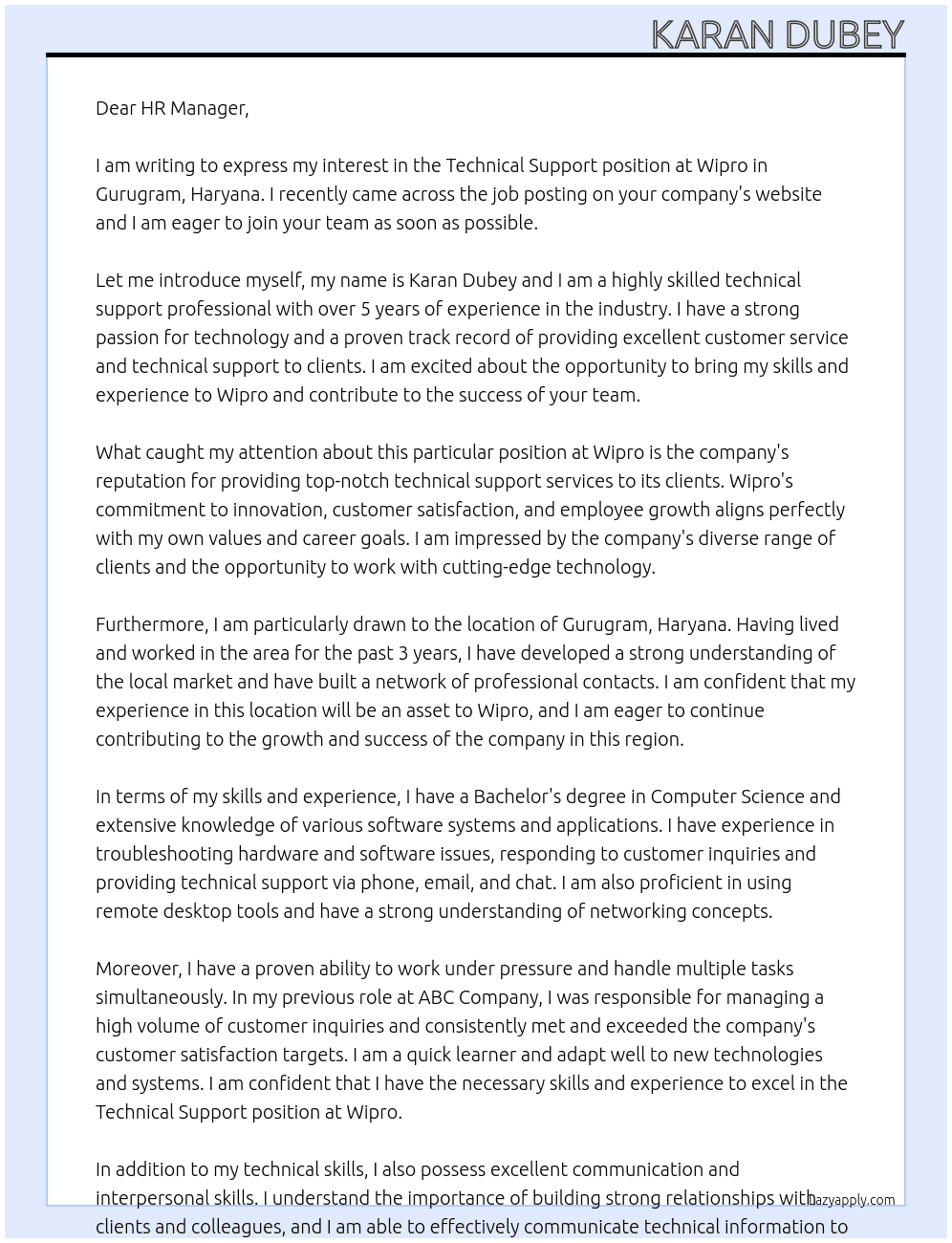 Technical support  At Wipro Cover Letter