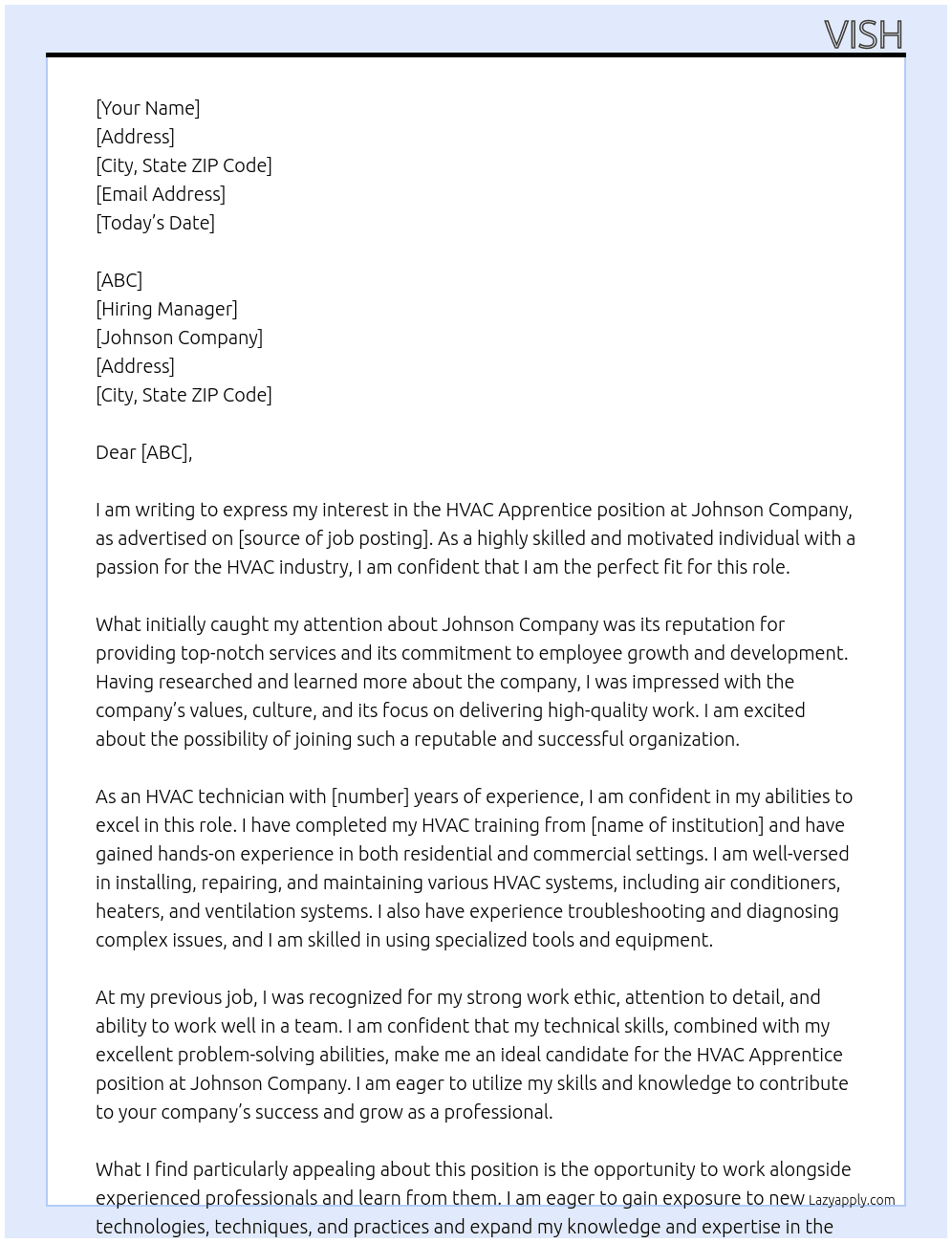 hvac apprentice  At johnson Cover Letter