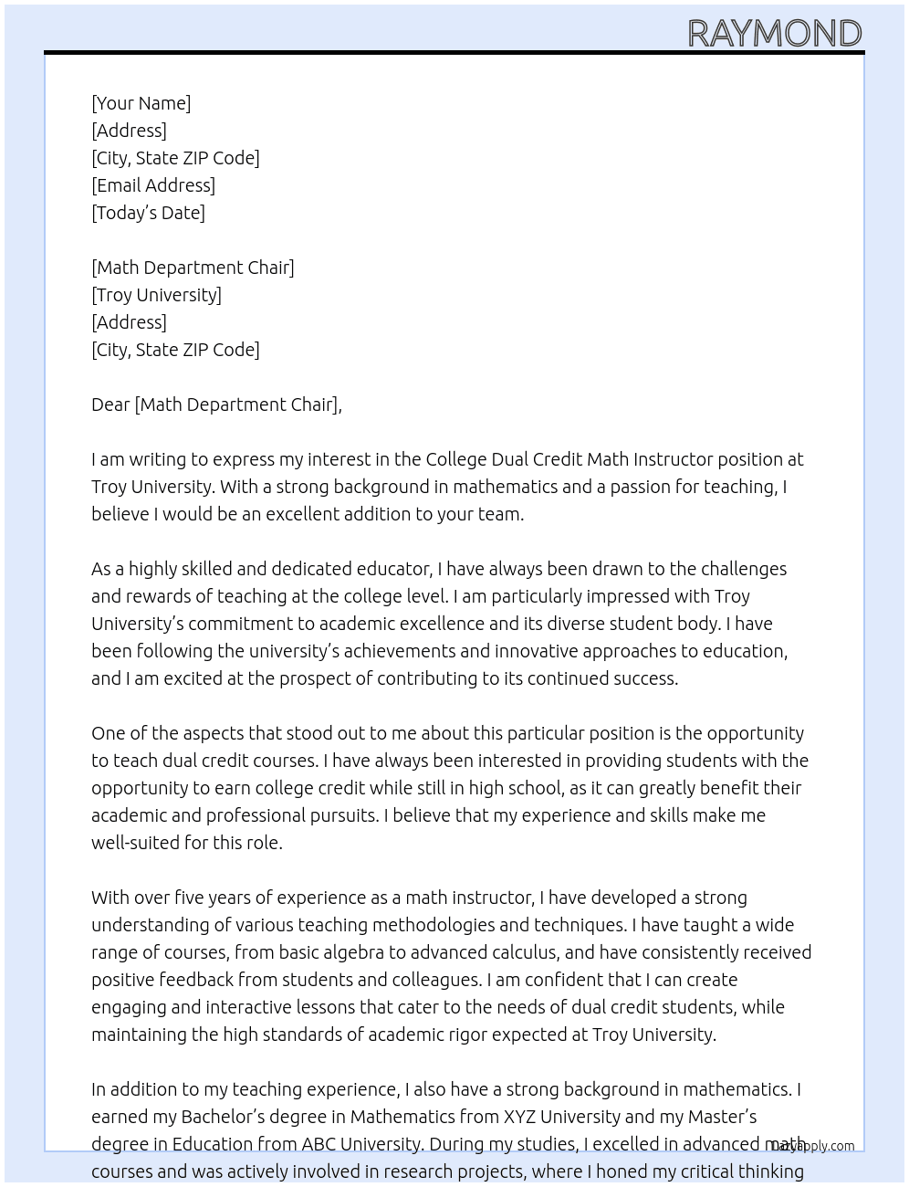 College Dual Credit Math Instructor At Troy Cover Letter