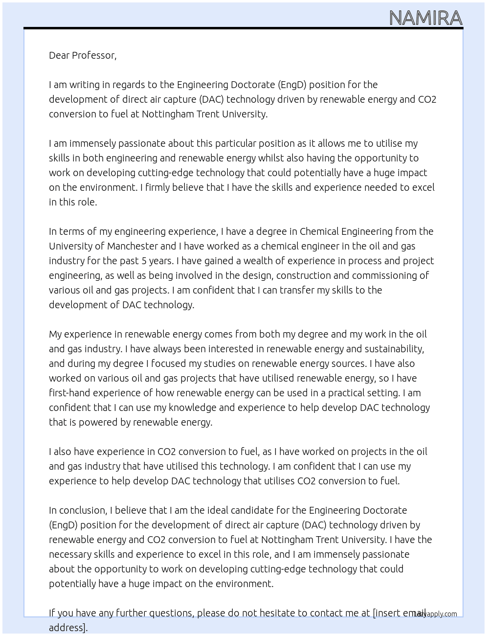 Engineering Doctorate (EngD): Development of direct air capture (DAC) technology driven by renewable energy and CO2 conversion to fuel At Nottingham Trent University  Cover Letter
