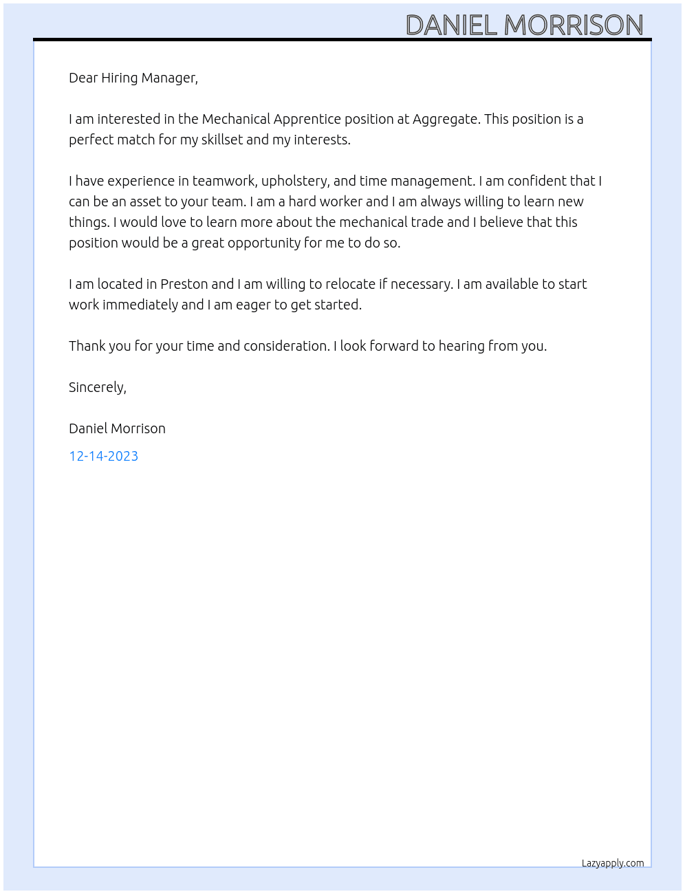 Mechanical Apprentice  At Aggregate Cover Letter