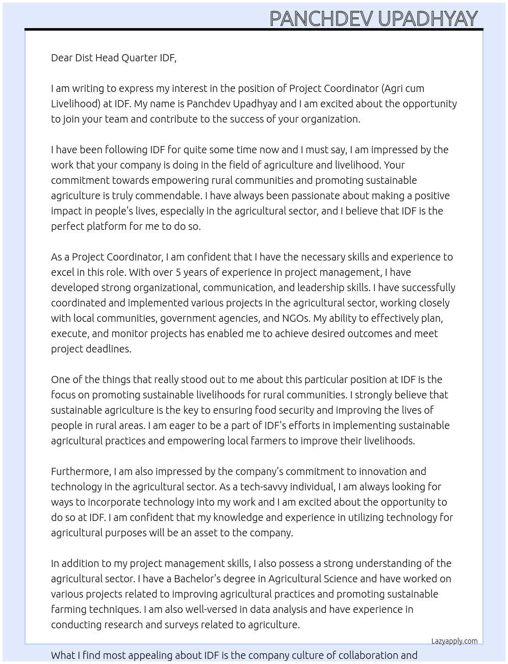 The project coordinator (agri cum livelihood) At IDF  Cover Letter