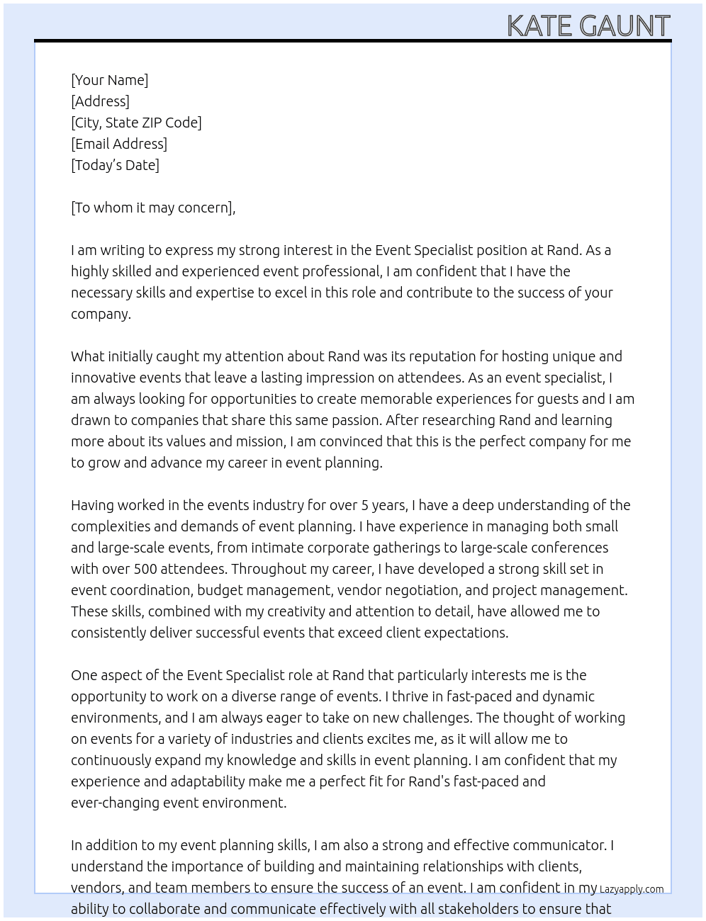 Event Specialist At Rand Cover Letter