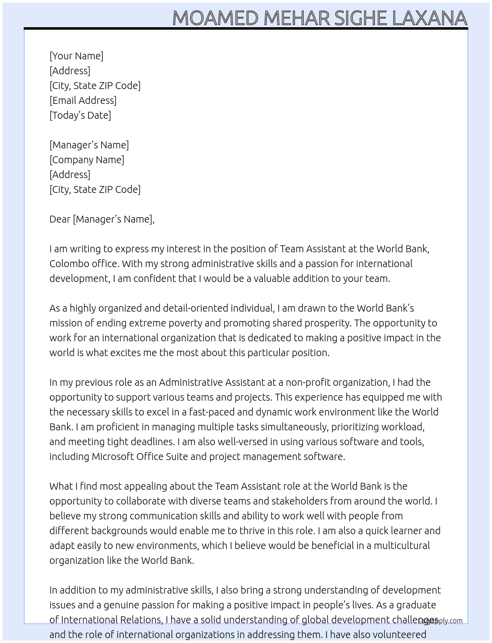 Team Assistant At World Bank , Colombo office Cover Letter
