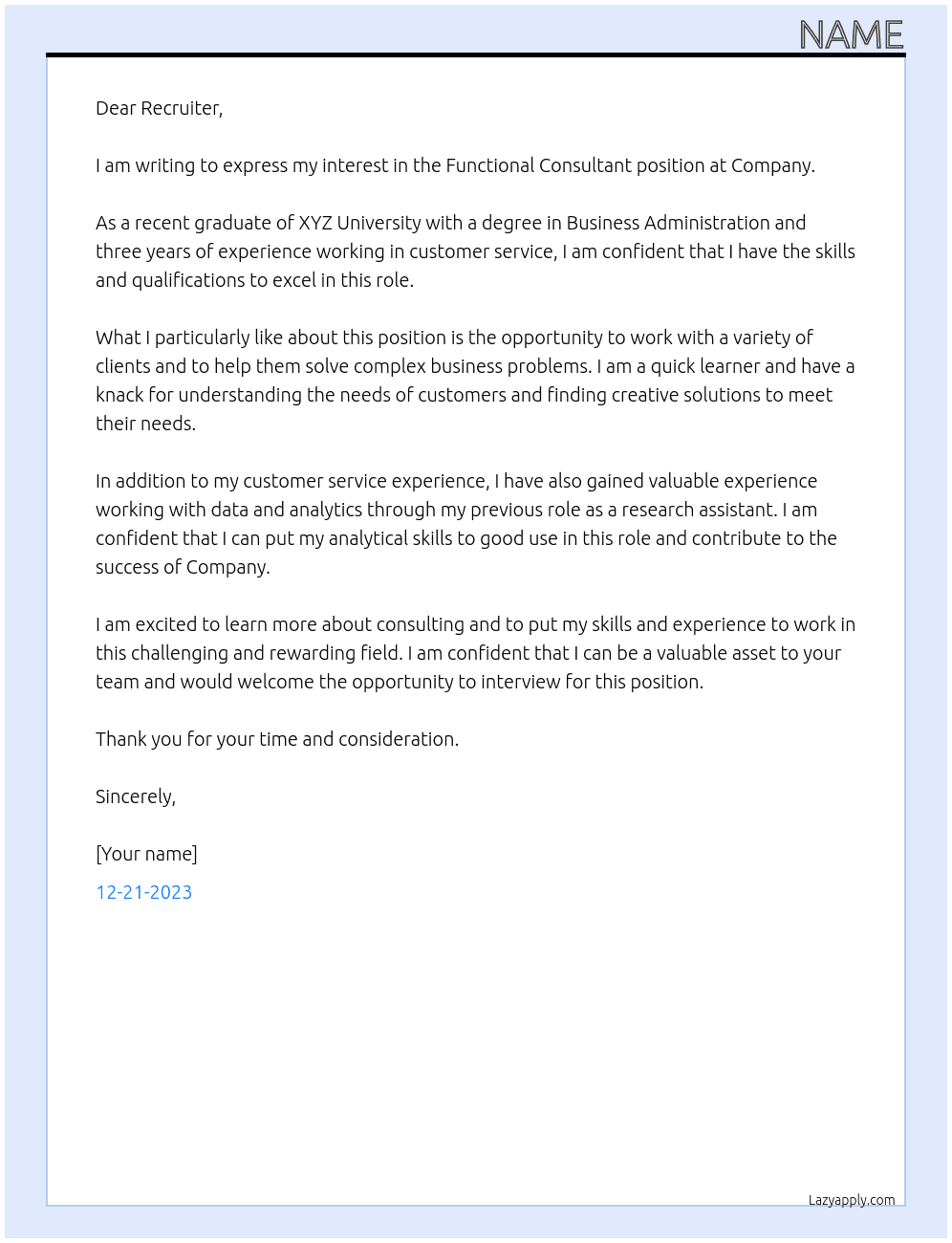 Functional consultant  At Company  Cover Letter