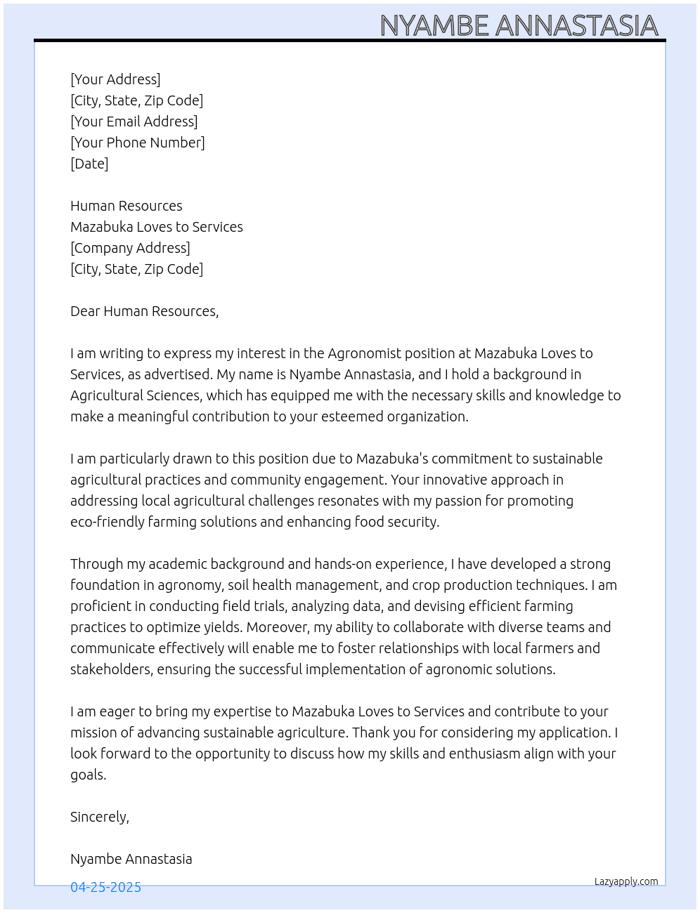 Agronomist At Mazabuka loves to services  Cover Letter
