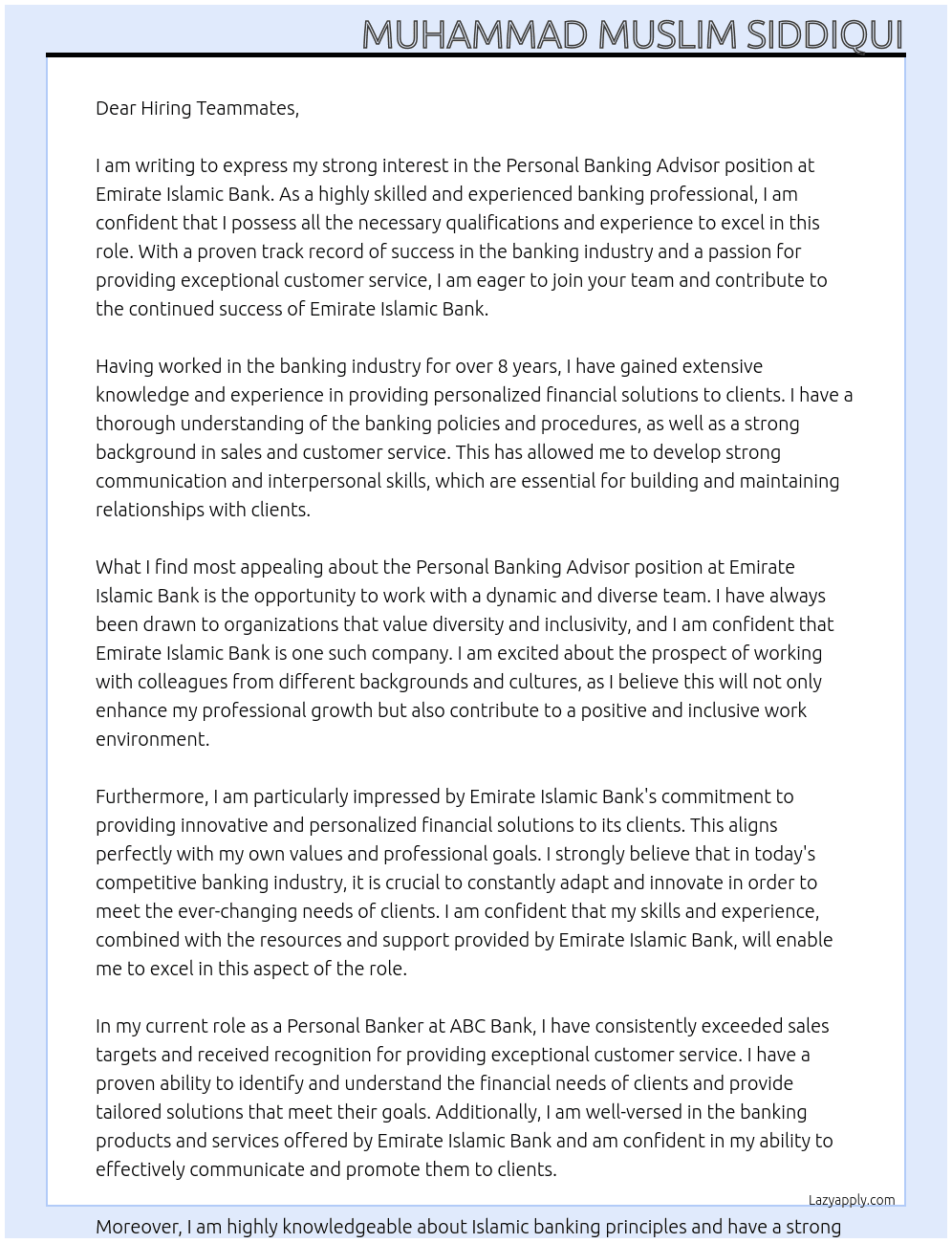  Personal Banking Advisor At Emirate Islamic Bank Cover Letter