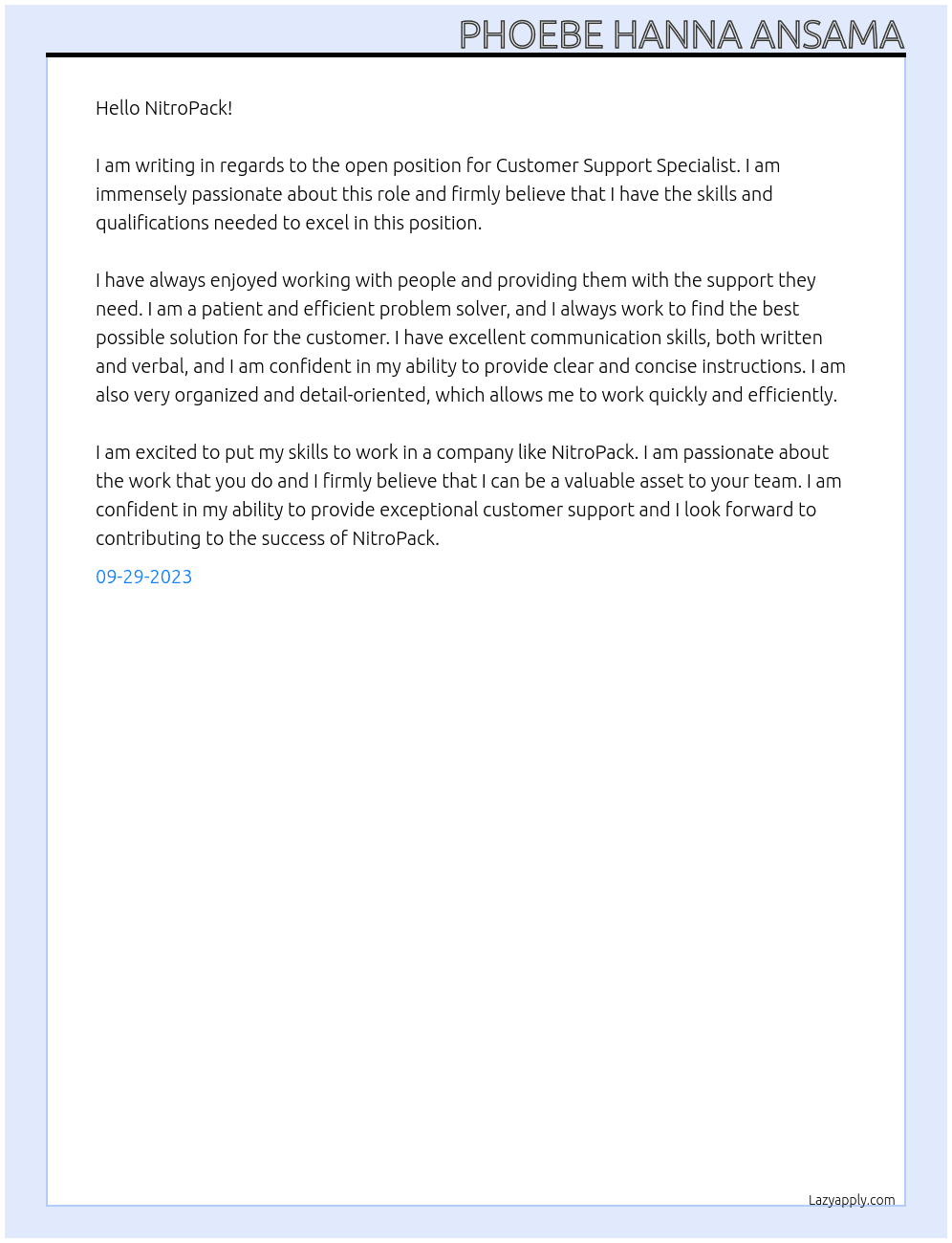 Customer Support Specialist At NitroPack Cover Letter
