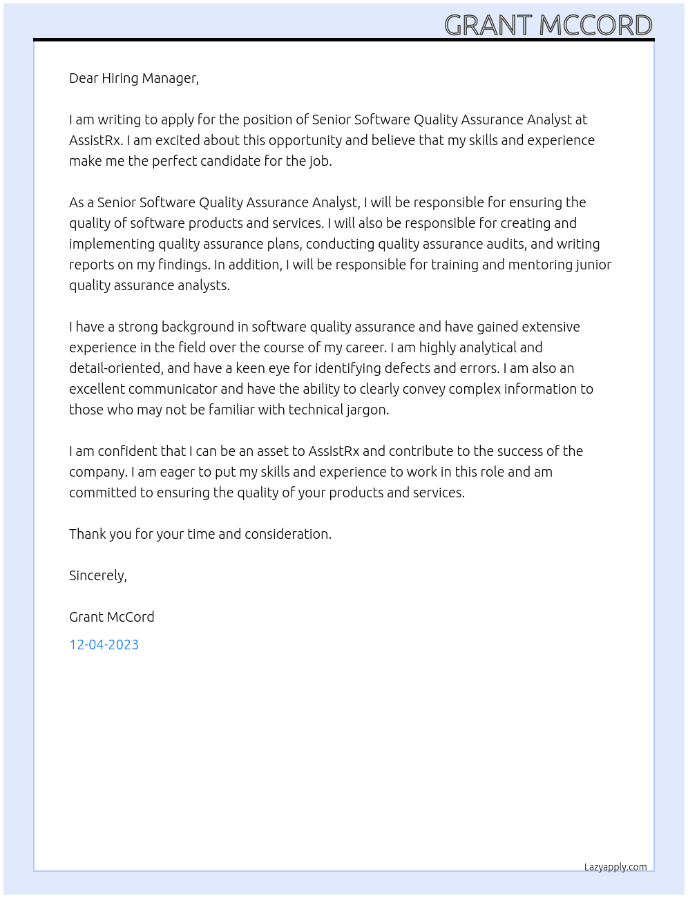 Senior Software Quality Assurance Analyst At AssistRx Cover Letter