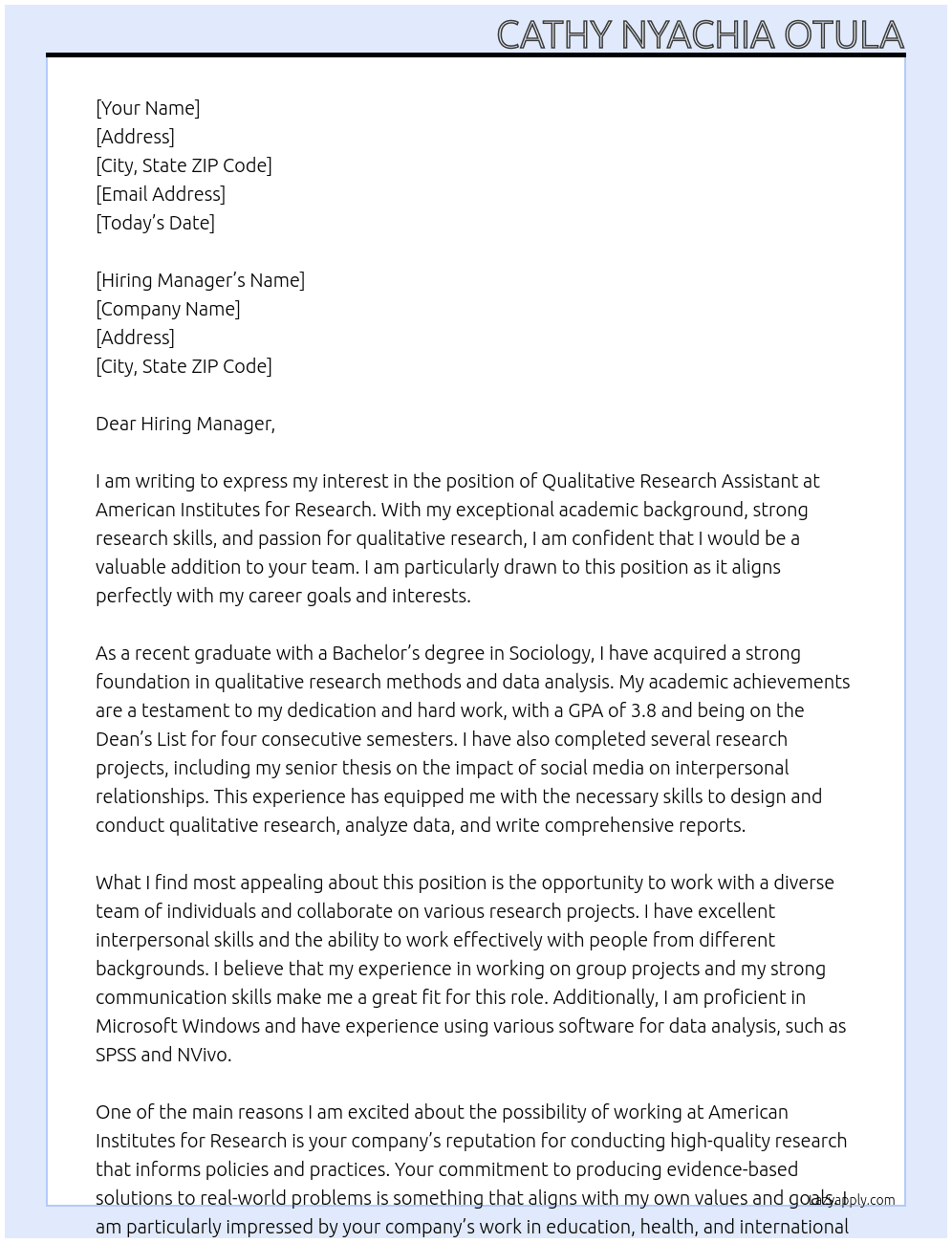 Qualitative research assistant At American Institutes for Research Cover Letter