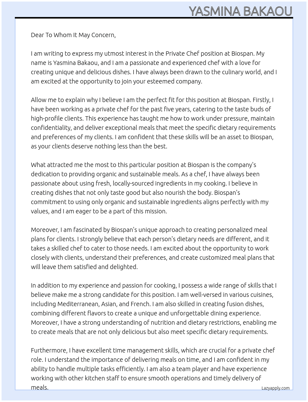 Private Chef  At Biospan  Cover Letter