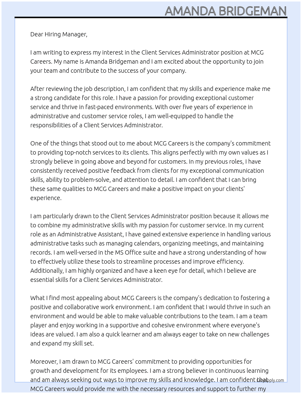 Client Services Administrator At MCG Careers Cover Letter