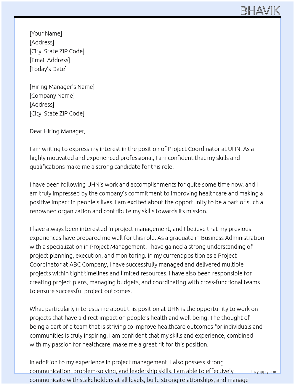 project cordinater At UHN Cover Letter
